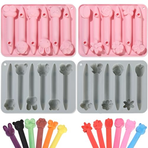 Nuogo 4 Pack Crayon Mold Crayon Recycling Molds Assorted 3D Silicone Oven Safe Candy Chocolate Making Mould for Kids Wax Animal Flower Pen DIY, Pink Gray
