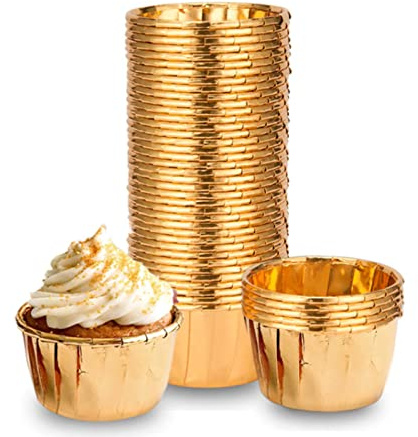 100 stycken aluminiumfolier pappersbakformar för muffins och cupcakes baketuier muffins pappersformar för cupcakes, födelsedag, bröllop, julfest – Guld