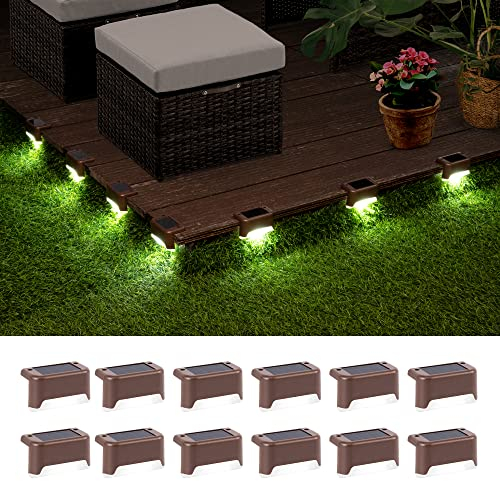 GIGALUMI Solar Fence Lights Outdoor Garden, 12 Pack Solar Step Lights, Waterproof Deck Decorative Lighting for Stairs, Yard, Patio, Gutter, Garden, Pathway Decoration (Brown, Cold White)