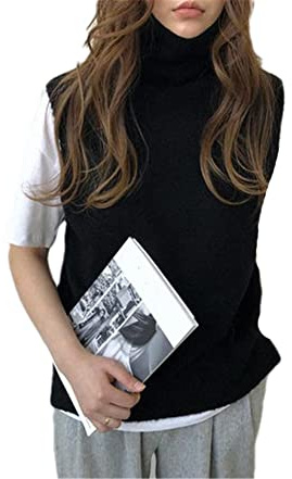 Maglione Pullover Senza Maniche a Collo Alto da Donna in 100% Cashmere Lavorato a Maglia Tinta Unita Gilet, Nero , XL