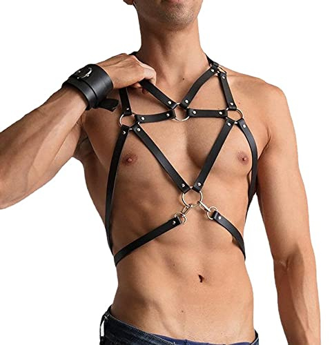 Arnés de piel sintética para hombre, estilo punk, gótico, baile, sexy, ajustable, correa de pecho, tirantes de pecho, cinturón para carnaval, Negro, Talla única