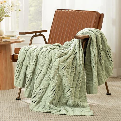 Amélie Home Chunky Knit Chenille Throw Blanket, Breathable Cable Knitted Blanket for Couch, Farmhouse Decorative Throw for Sofa Chair Bed, 50x60, Sage Green