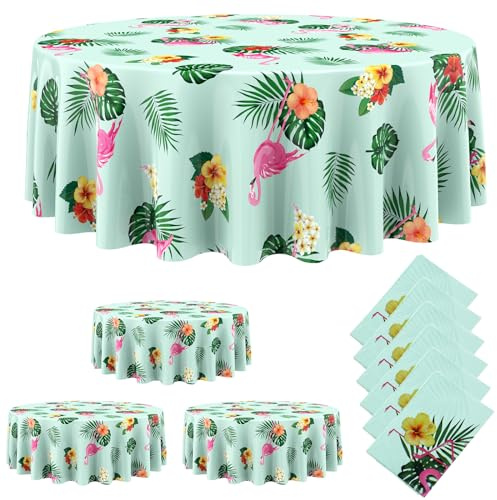 Oudain 6 Pcs Hawaiian Flamingo Tablecloths 84 Inch Disposable Round Plastic Tropical Table Covers for Luau Beach Birthday Pool Party Summer Decorations(Green)