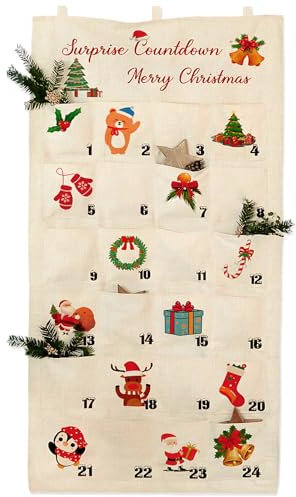 Calendario de Adviento para rellenar, Adornos Navideños Calendarios de Adviento Calendario de pared Tela con 24 bolsillos - para Colgar Manualidades Navidad Decoracion