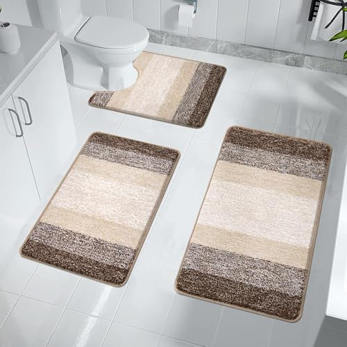 Enyhom Badteppich Set 3 Teilig Weich Hochflor Duschteppich Badematte Toilettenmatte Maschinenwaschbar rutschfeste wc Teppich Set Badvorleger Badezimmerteppich, Kaffee