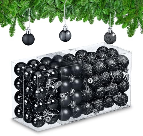 Relaxdays Weihnachtskugeln 96er Set, glitzernde, matte & glänzende Baumkugeln, Weihnachtsbaumdeko, Kunststoff, schwarz