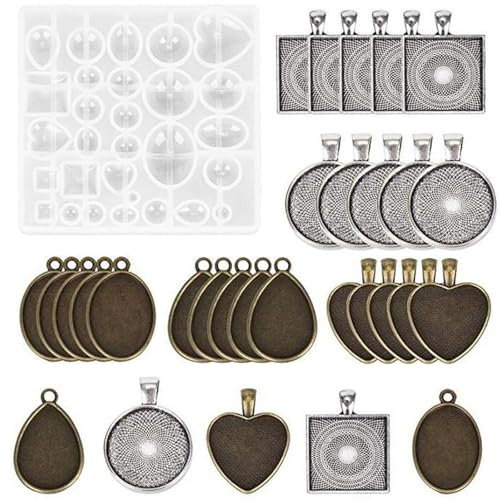 0XBIT Rund Anhänger Tablett, 30 Stück Cabochons Rohlinge, Metall Anhänger Lünette Tabletts, mit 1 Silikonform, Geeignet für Schmuck, Schlüsselanhänger, DIY-Herstellung