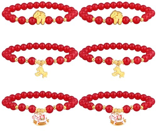 SevenMye 6 PCS 2026 Chinese New Year of Horse Beaded Charm Bracelets Golden Horse Pendant Bracelet Chinese Zodiac Feng Shui Lucky Amulet Stretch Wristband for Women Men Lunar New Year Gifts