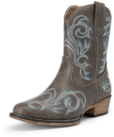 DREAM PAIRS Stivali da Cowboy da Donna, Stile Cowgirl, Stivaletti alla Caviglia Ricamati Tacco Spesso, Stivaletti Corti alla Moda con Cerniera,Size 36.5,Marrone,DWUMAB2511