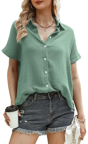 Aottori Chemisier Coton Femme Col V Manches Courtes Coupe Décontractée Été | Coton, col V avec manches courtes, coupe décontractée, adapté au bureau au quotidien ou aux sorties, du bureau aux loisirs