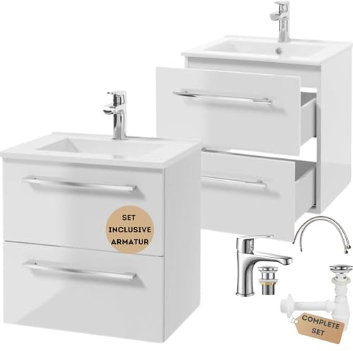 .Deftrans Mueble bajo lavabo colgante de 50 cm con lavabo, grifo y sifón, lavabo con armario bajo, 50 x 50 x 46,5 cm, cierre suave, juego de muebles de baño para baño pequeño, color blanco brillante