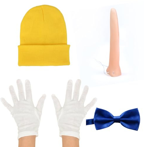 NAUZE 4Pieces Pinocchio Fancy Dress Kit Yellow Hat Blue Bowtie White Gloves and Long Nose Animal Costume Cosplay Accessories for Children's Halloween Celebrations