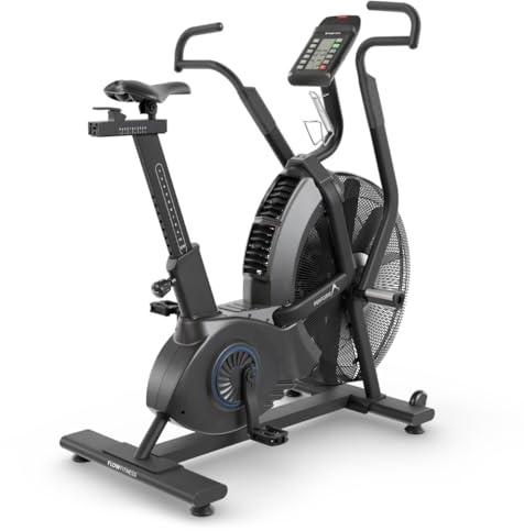 Flow Fitness Airbike A1i – Bicicleta estática de resistencia al aire con Belt-Drive, programas de intervalos y protección contra el viento, bicicleta de entrenamiento completo con consola LCD