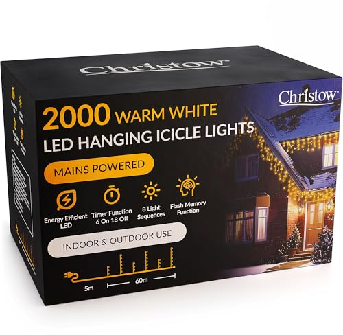 CHRISTOW Hanging Icicle Christmas Lights, 2000 Warm White LED, 60m Lit Length, Indoor & Outdoor, Mains Powered with Timer, 8 Flash Lighting Modes with Memory, Fairy String Light Xmas Decorations