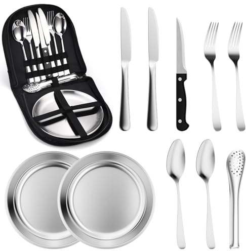 Camping Cutlery Set for 2, 10pcs Stainless Steel Picnic Utensils Set with Case - Portable Outdoor Tableware Includes Knives Forks Spoons Steak Knife Food Tongs Plates for Camping Hiking BBQ Picnic