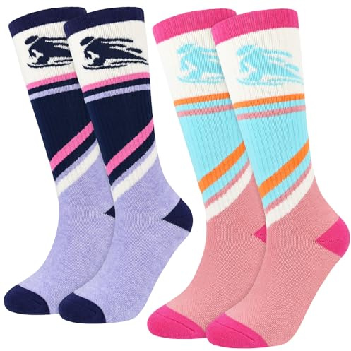 KOOOGEAR Kids Ski Socks Boys Girls Thermal Thick Warm Winter Cozy Socks for Skiing Snowboarding 2Pairs 6-12Years (Pink Purple)