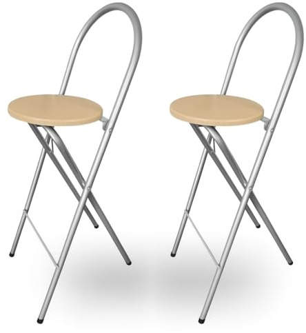KMH® 2er-Set Barhocker Bill – Klappbar & platzsparend, Silberfarben/Buchendekor – Hocker mit Rückenlehne & Fußstütze, Stahlgestell, 73,5 cm Sitzhöhe – stabil & vielseitig für Küche, Bar & Events