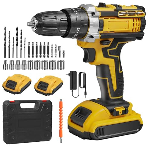 Taladro Atornillador Inalámbrico 18V, Destornillador y Atornillador Inalámbrico con Iluminación LED, Taladro Atornillador con 2 Baterías, 45Nm, 2 Velocidades, 25+1 Ajustes de Torque (2 Baterías)