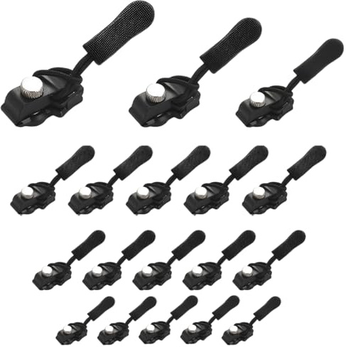 BAHME 18 Piezas Tiradores de Cremallera de Repuesto, Kit de Reparación de Cremalleras Sin Herramientas, Cabezales de Cremallera Desmontables para Chaquetas, Maletas y Mochilas, 3 Tamaños, Negro