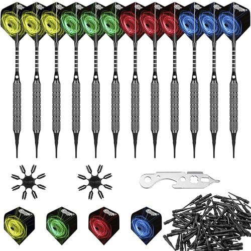 CyeeLife 12 Dardos Punta de Plastico 18g,Puntas+12 Ejes de Aluminio+16 Plumas con+Herramienta Dardos Negro