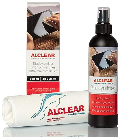 ALCLEAR 721DR Displayreiniger 250 ml mit fusselfreies Ultra-Mikrofasertuch, reinigt TV, LCD/TFT, Plasma, Smartphone ohne Schlieren