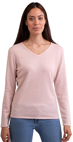 Pull 100% Cachemire pour Femme - Pull à col en V - 2 Fils, Rose poudré, XXL