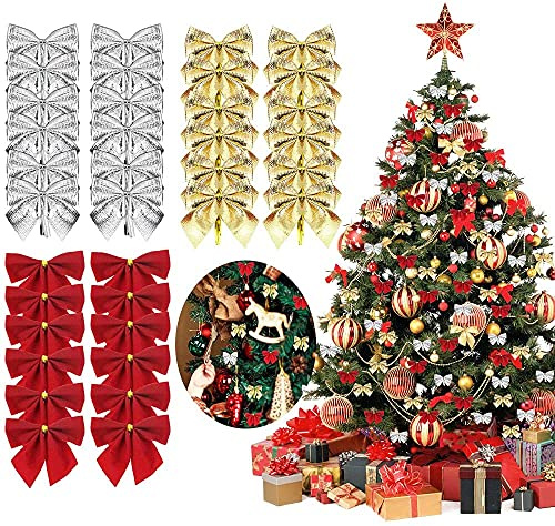Favengo 72 PCS Noeud de Ruban de Noël Arcs de Noël Ruban Petits Nœuds de Noël Rouge Nœuds Papillons Mini Nœud Papillon Ornements Decorations de Noël pour Cadeaux, Arbres de Noël, Or Argent Rouge