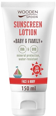 Wooden Spoon Crème Solaire Bio Bébé et Famille SPF 50 – 100% Naturelle, Zinc Invisible, Sans Trace Blanche, Hypoallergénique, Vegan, Résistante à l’Eau – 150 ml
