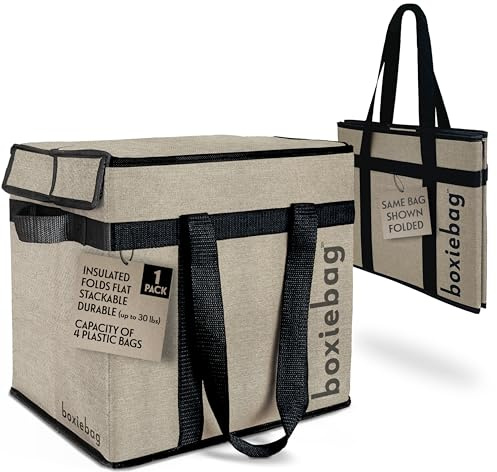 Boxiebag Reusable Grocery Bag (Single) – Durable Reusable Shopping Bag Box. Insulate, Stand Up, Stay Open, Fold Flat – Large Tote Bag with Long Handles & Reinforced Bottom. 2 Year Warranty.
