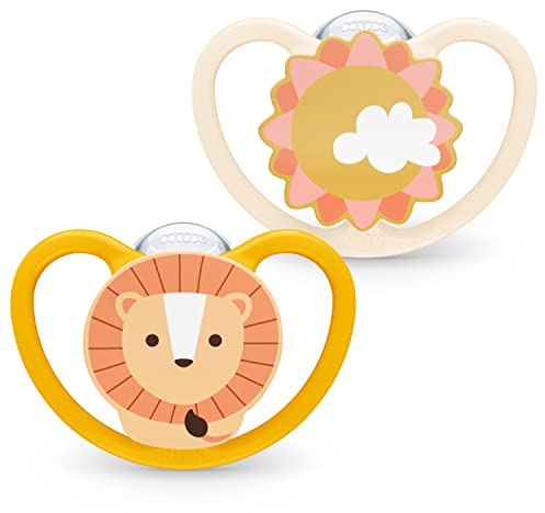 NUK Space Babyschnuller | 18-36 Monate | Schnuller mit zusätzlichen Öffnungen für sensible Haut | BPA-freies Silikon | Löwe | 2 Stück