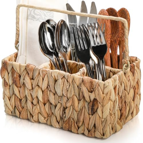 Pumtus Woven Flatware Organizer, Water Hyacinth Divided Utensil Caddy, Small Cutlery Holder, Picnic Silverware Flatware Storage Basket Carrier with Handle for Countertop, Forks, Knives, Spoons