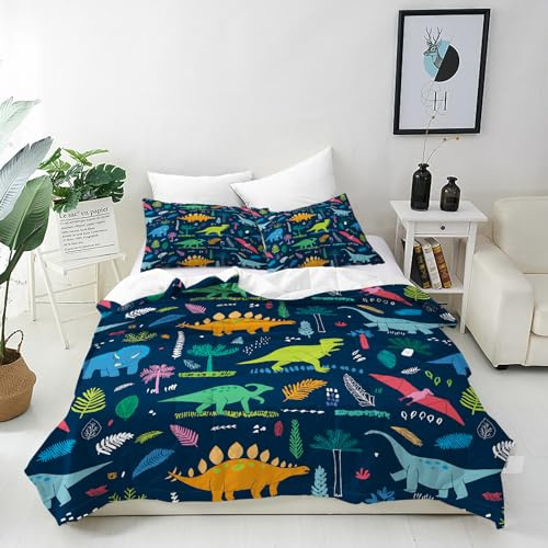 ANHOPE Cartoon Dinosaur Double Duvet Cover Set | Prehistoric Dino T‑Rex Print, Soft Breathable Microfibre, Includes 2 Pillowcases, Kids Boys Girls Bedding Quilt Cover Set