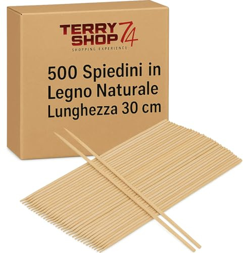 500 Spiedini in Legno Naturale 30 cm – Kit Bastoncini Bambù per BBQ, Cucina Professionale, Griglia e Eventi – Spiedini per Carne, Pesce e Verdure