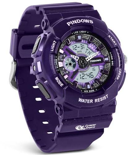 PINIDOUS Women Watch for Women Teenagers Watch Outdoor Waterproof Digital Sports Analog Watches for Ladies Students with Stopwatch Alarm Countdown Dual Display 7 Color LED Backlight