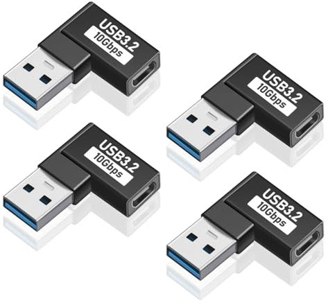 Duttek Adaptador de ángulo Recto USB C a USB A (4 Paquetes), Adaptador USB3.2 de ángulo Recto, convertidor Extensor de USB A Macho a USB C Hembra para PC, portátil, Power Bank y más