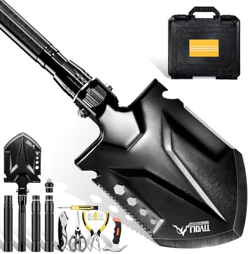 TIVOLI Pala plegable multifuncional para exteriores, juego de palas de camping de acero rico en carbono con accesorios multifuncionales, equipo de supervivencia para selva, nieve y otros escenarios al