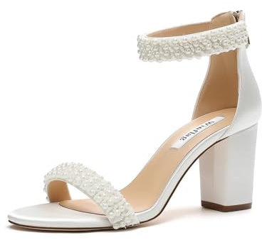 Winflag Block Heel Wedding Sandals Pearl Heels Open Toe Wedding Shoes for Bride Bridal Shoes-Ivory-8.5