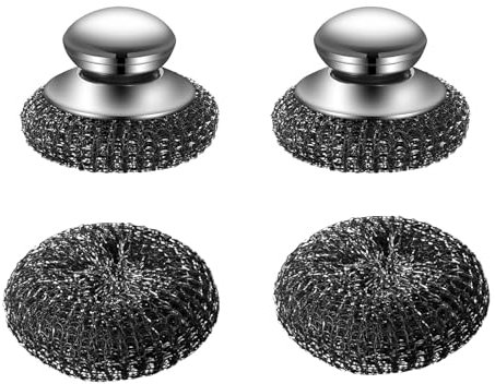 3 Pcs Stainless Steel Scourer Portable Scrubbing Brush with Handle, Teel Wool Scrubber, Wire Wool for Cleaning Metal Scourer Steel Wool Scrubber, Pan Scourers for Cleaning Pan Grill Dish Pot