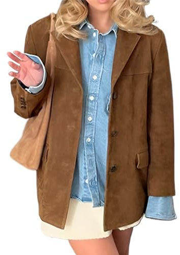 Women's Suede Jacket - Vintage Brown Suede Winter Jacket Old Money Aesthetic Faux Leather Suede Coat Women Y2k Outerwear (Dark Brown,L)