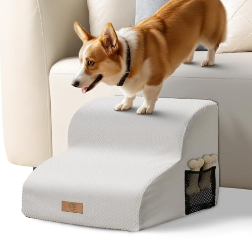 Eukue Escalier pour petits chiens - Rampe à 2 marches pour lit et canapé - En mousse haute densité - Portable - Avec housse lavable - Blanc