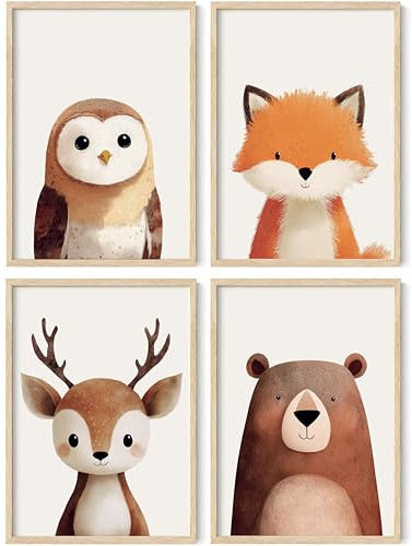 PACKLIST® Décoration Chambre Bébé - Posters Enfants Animaux Forêt et Nature : Ours, Hibou, Cerf et Renard - Affiches A4 (21x30 cm) 250 gr. Sans Cadre pour Garçons et Filles