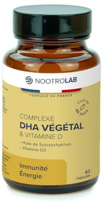 DHA Végétal & Vitamine D – Oméga 3 issu d’algue Schizochytrium – Soutien Cerveau, Vision & Immunité – 60 Capsules Végétales – Nootrolab