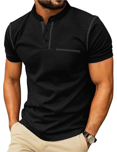 Mens Henley T-Shirts Short Sleeve Summer Casual Crew Neck Tshirt Tops with Front Pocket Black XXXL