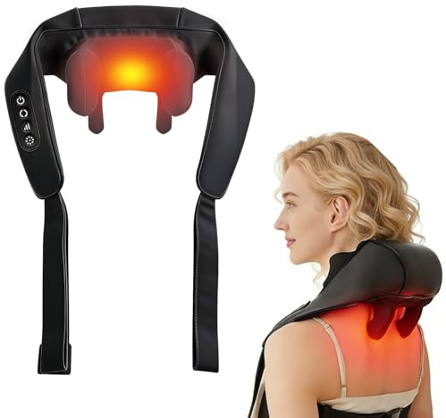 Masseur de cou et d'épaules avec chaleur, masseur sans fil du dos et du cou, pétrissage Shiatsu 6D pour les épaules, les jambes, le dos, la taille, le soulagement (Noir)