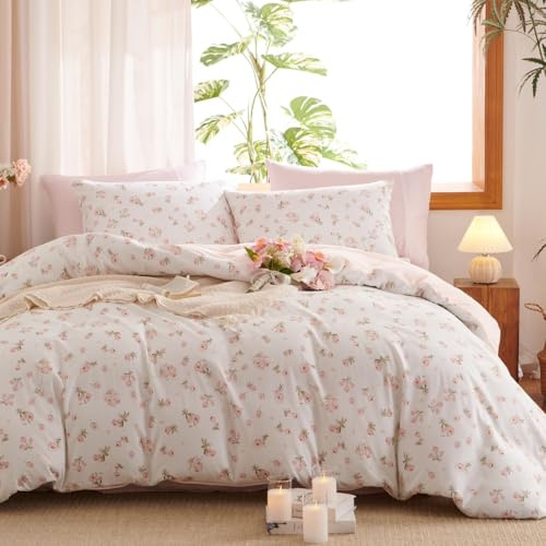 Sedefen Housse de Couette 240x260 Blanc Rose Feuilles Fleurs Ado Adultes Parure de Lit 2 Personnes avec Fermeture Éclair Housse Couette en Microfibre avec 2 Taies d'oreiller 65x65 cm