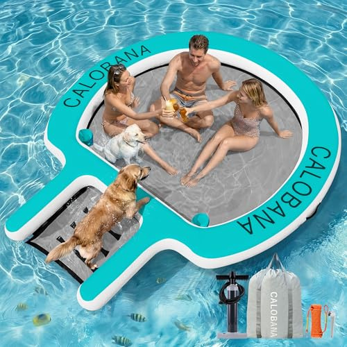 CALOBANA Water Hammock with Dog Boat Ramp, 8FT Inflatable Round Floating Ring for Adults Pets Heavy Duty Floating Dock Tanning Pool Lounger Float Island Platform for Pool Sea River Dock Boat Party
