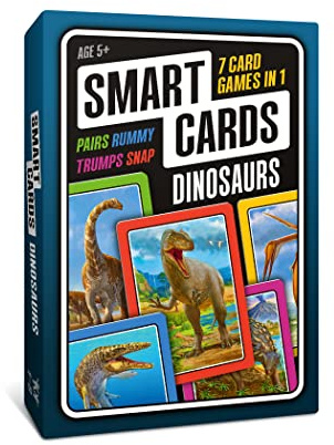 SMART CARDS Dinosaurs, Gift, Stocking Filler, Travel Card Game, 7 games in 1, Pairs, Snap, Trumps, Rummy, Memory Quiz, Trivia, Age 5+, 1-8 Players