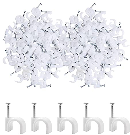 200 PCS 6mm White Round Cable Clips Management Cable Tidy Clips Electrical Cable Wall Clips Wire Clips Cable Lead Clips Wire Nail Clips Wire Pins Nails Tacks Holder Cable Pins Clip with Steel Nail