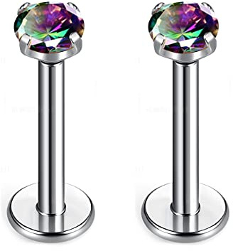 BelezaDosas G23 Titanium Labret Studs Threadless Push Back 16G Lip Tragus Helix Cartilage Earring Piercing Jewelry (1 pair Vitrail Medium)