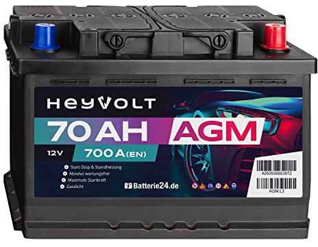 HeyVolt AGM Autobatterie 12V 70Ah 700A/EN Starterbatterie, Start-Stop & Standheizung geeignet, absolut wartungsfrei